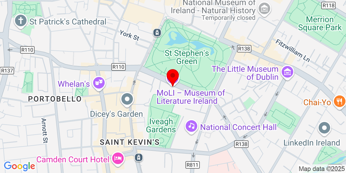 谷歌地图 MoLI – 爱尔兰文学博物馆, UCD Naughton Joyce Centre, Saint Stephen's Green, Saint Kevin's, 都柏林, 爱尔兰